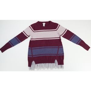 LOGO Cashmere Blend Light Weight Knitted Lace Trim Striped Sweater Sz M
